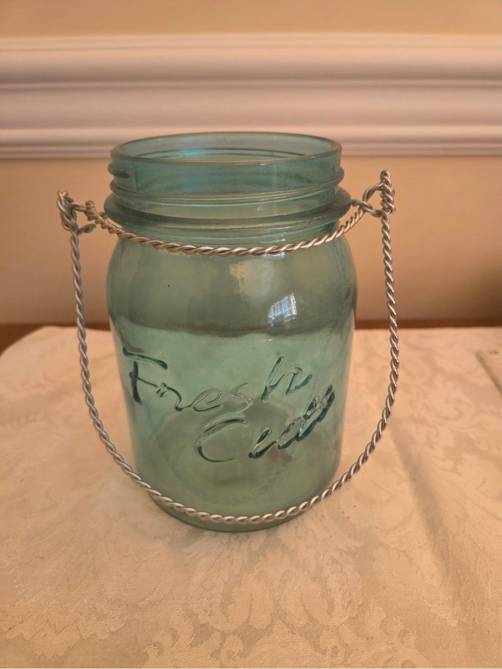 Light Blue Glass Mason Jar Vase with Twisted Silver Handle